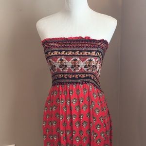 Red Indian Bohemian Strapless Maxi Dress